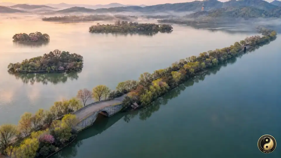 Spring Dawn at Su Causeway — Spring Mist along the Causeway